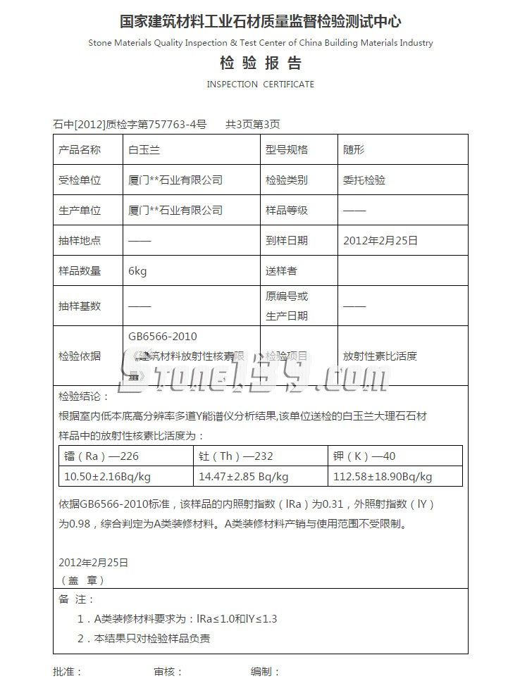 廈門石材公司白玉蘭大理石檢測(cè)報(bào)告