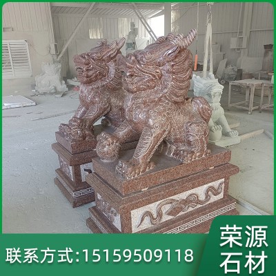 公司大門(mén)吉祥動(dòng)物擺件印度紅石雕麒麟 花崗巖麒麟貔貅雕刻